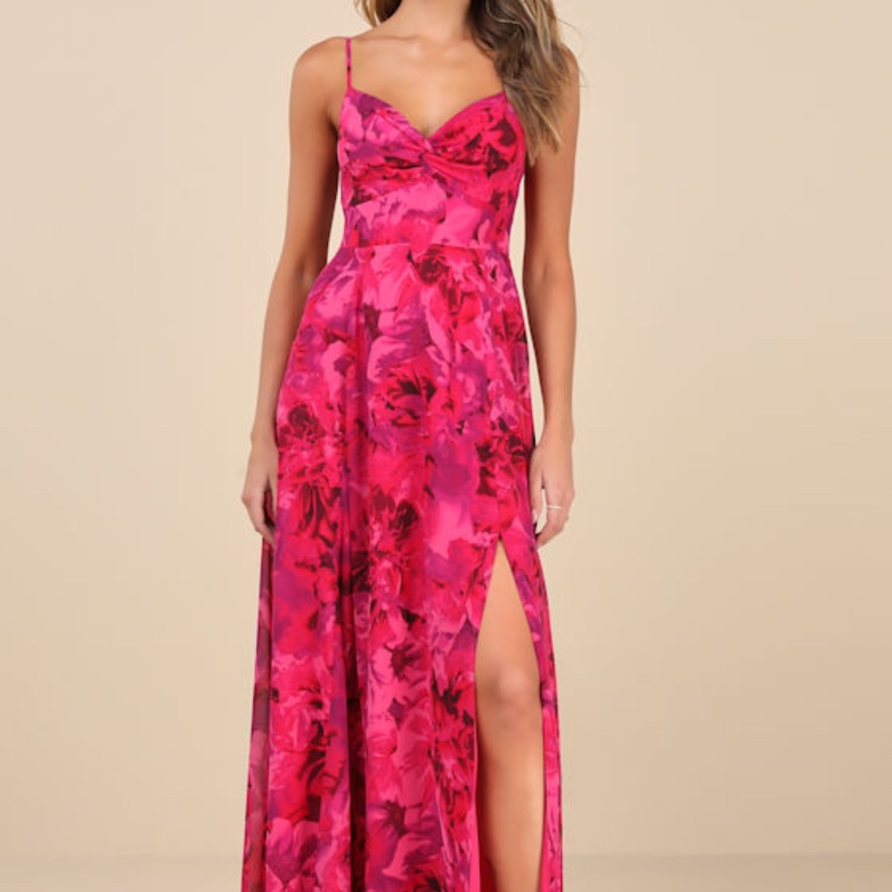 Lulus Beautiful Soul Fuchsia Floral Print Twist-front Maxi Dress Pink - Size S